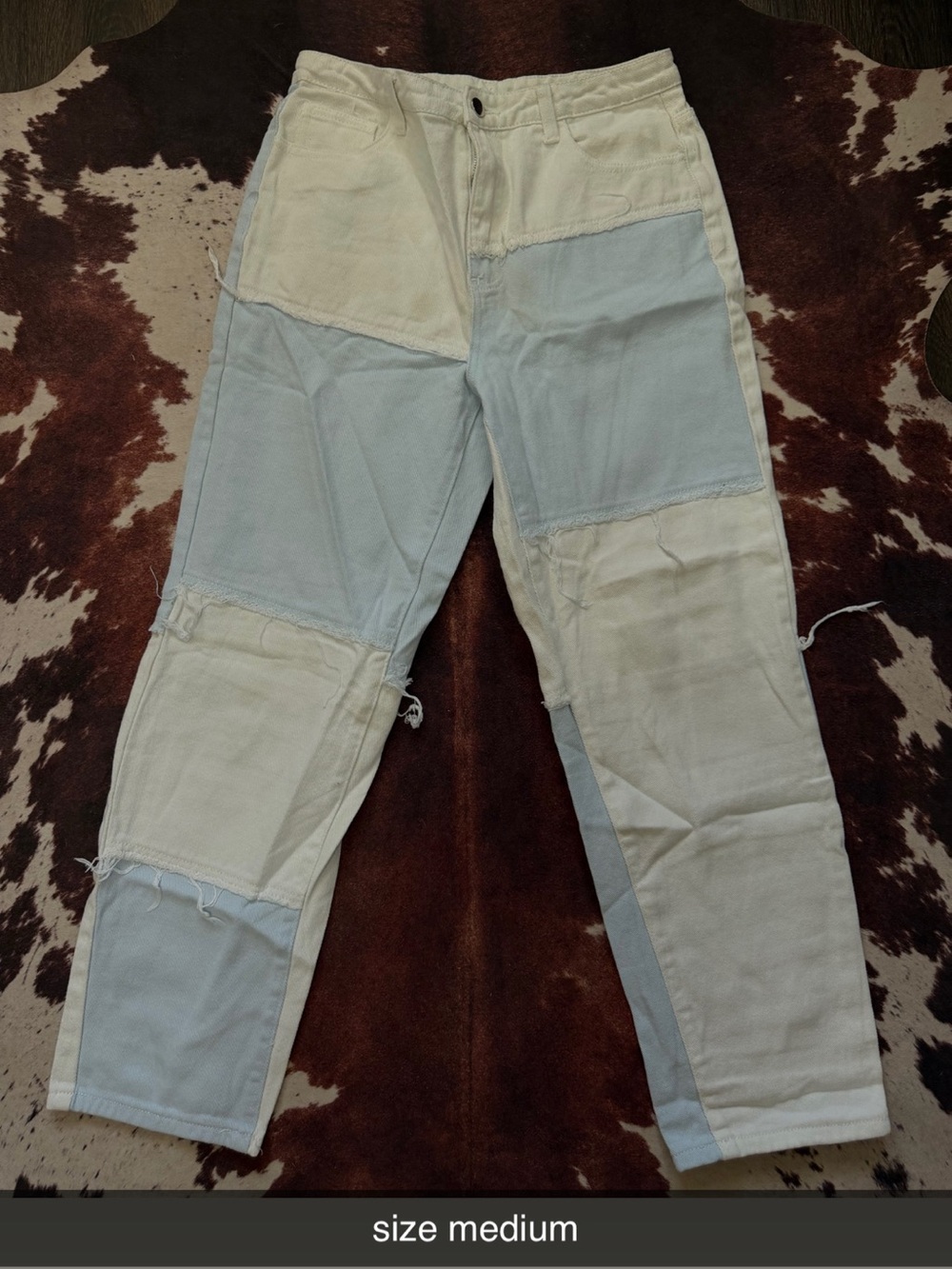 Woman Patchwork Two-Tone Jeans and — Cream & Light Blue